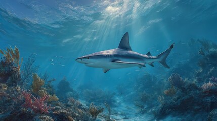 Obraz premium Majestic ocean predator moving gracefully above a colorful reef, light filtering through