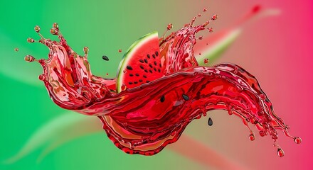 Juicy watermelon slice splashing into refreshing red liquid with seeds flying