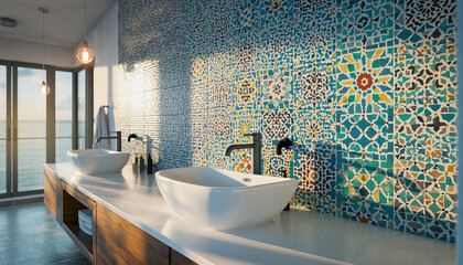 Modern bathroom interior featuring two sinks, patterned tile wall, and ocean view.