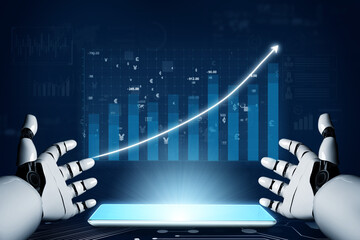 A futuristic representation showcasing robot hands interacting with digital data charts, highlighting significant growth and analytical insights in technology. Impute