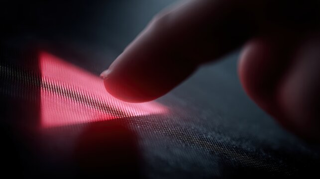 Digital screen with red alert triangle, finger pressing for data error notification, technology danger, cybersecurity and system issue visualization - Powered by Adobe
