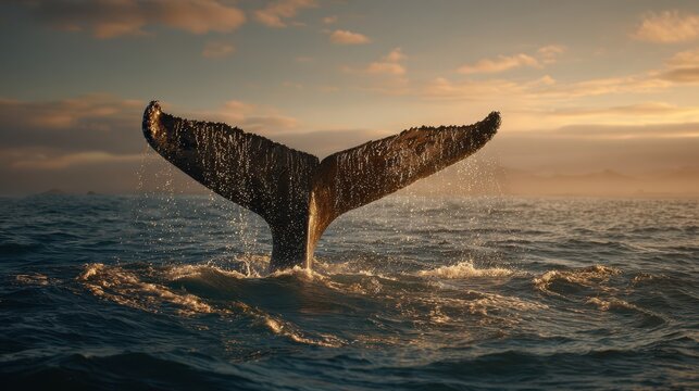 Majestic tail fluke and spray above tranquil waves in a golden-hour seascape