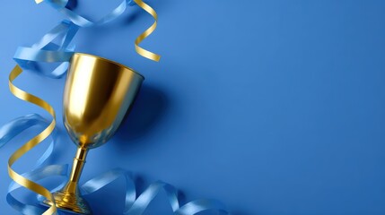 Shiny golden trophy surrounded by streamers, representing achievement and business victory, blue background, digital art style
