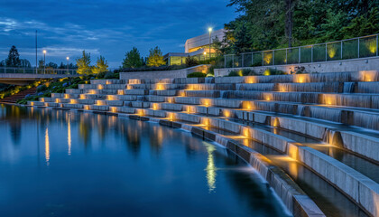 Illuminated cascading water feature reflecting the architecture and surrounding landscape at dusk.
