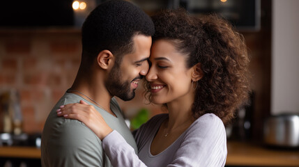 Affectionate couple celebrating valentine day faceless, romantic date, lovers dancing on romantic evening together, partner with partner in dance in kitchen, defocused interior, wi