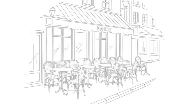 Evocative hand-drawn line art of a quaint Parisian cafe, capturing the city's unique charm and atmosphere