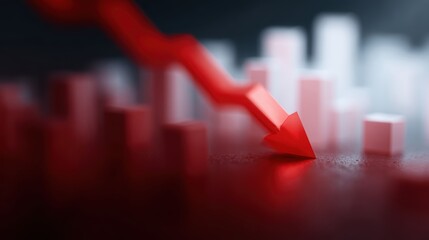 Miniature city under a crashing red arrow, declining stock market, economic recession, cinematic financial illustration