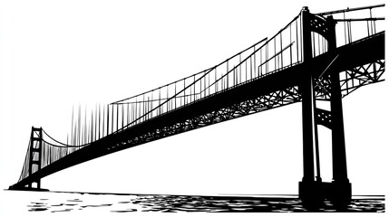 Obraz premium Dramatic black and white silhouette illustration depicts a massive suspension bridge spanning across water under a bright sky