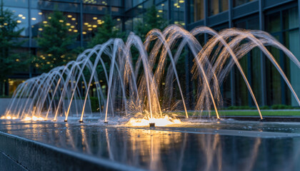 Illuminated water fountain display with arched jets reflecting in a dark, still pool, near a modern building.