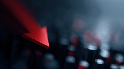 Red arrow plummeting over a miniature cityscape, stock market crash, economic downturn, dramatic lighting, financial crisis concept