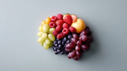 Fruits arranged in the shape of a brain, promoting healthy eating and lifestyle, bright and conceptual design