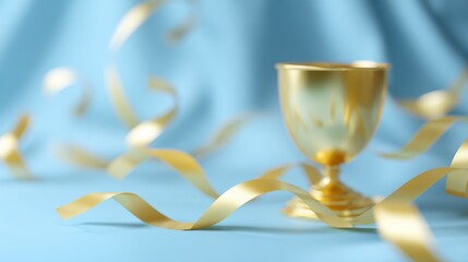 Shiny golden trophy surrounded by streamers, representing achievement and business victory, blue background, digital art style