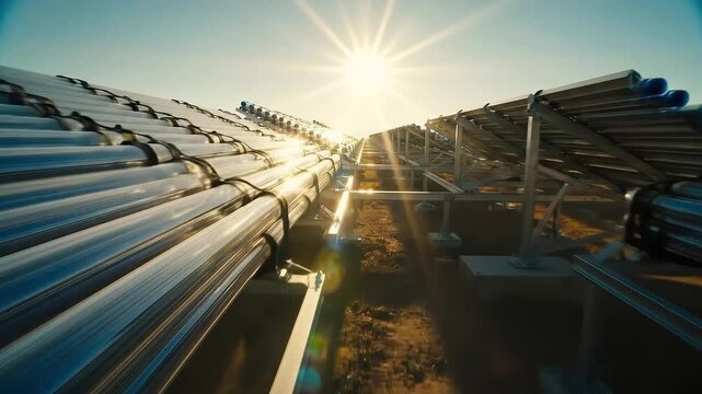 Solar panels reflecting sunlight in a renewable energy farm  