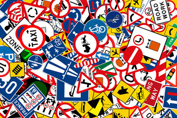 collection of various traffic and road signs