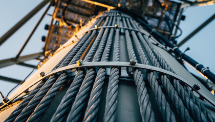 Fototapeta premium Low-angle view of a tall metal structure with numerous steel cables, showcasing industrial design.
