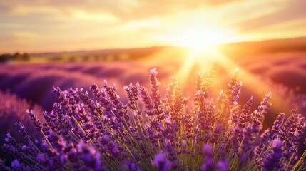 Fototapeta premium Beautiful purple lavender field blooming at sunset with golden sunlight flares