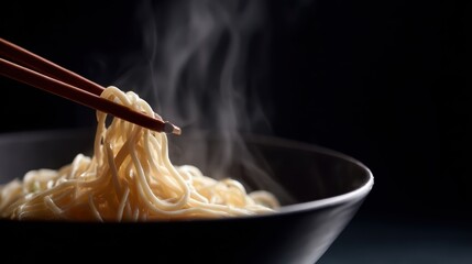 Steaming noodles being picked up with chopsticks on black background, selective focus, Asian noodle dishes from Korea, Japan, China, Vietnam, junk food concept
