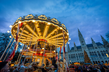 Traditional Christmas Carousel at the Famous Rathaus Market in Vienna at Night