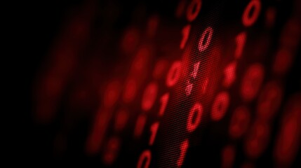 Cyber attack warning with binary code glitch, red dark background, digital security threat visualization, intense and striking design