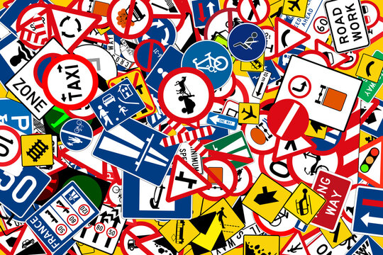collection of various traffic and road signs