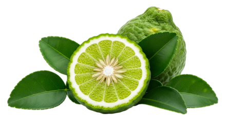 A vibrant green lime cut in half with leaves on a black background