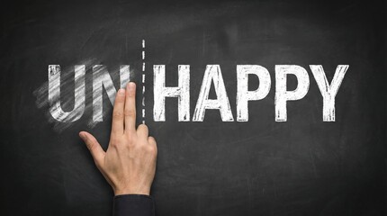 Hand erasing UN from unhappy to reveal happy on chalkboard for self improvement.