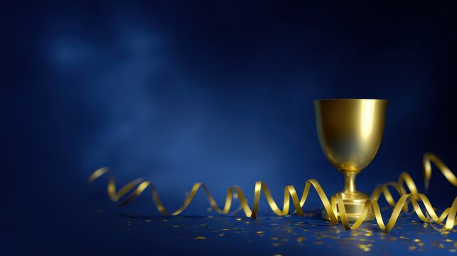 Shiny golden trophy surrounded by streamers, representing achievement and business victory, blue background, digital art style - Powered by Adobe