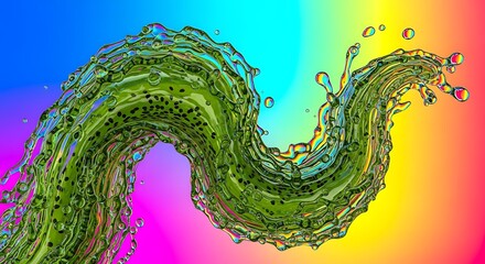 Vibrant green liquid splash with seeds against a colorful gradient background