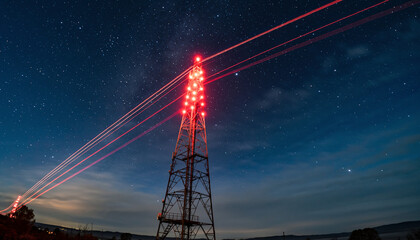 A tall, illuminated communication tower against a starry night sky, with red lights.