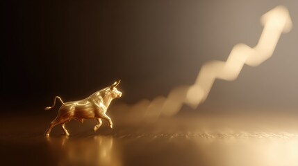 Premium financial scene with a golden bull, rising charts and upward arrow, bullish market trend, success concept