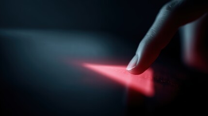 Finger touching glowing red warning triangle on tech interface, alerting to data error and cybersecurity risks, digital and modern illustration