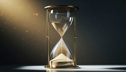 A golden hourglass with sand flowing, illuminated by a warm, ethereal light.