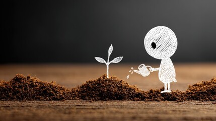 Whimsical drawn figure waters a small seedling emerging from rich earth against a dark background