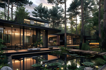 Obraz premium Modern luxury house in forest setting with sleek minimalist design