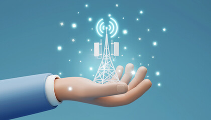 A cartoon hand cradles a glowing, stylized telecommunications tower, surrounded by digital sparkles.