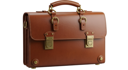 A stylish brown leather briefcase with gold hardware on a black background