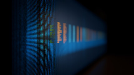 Abstract technology background with glowing data bars and code-like texture in dark blue tones, representing analytics, cybersecurity, AI, digital networks, innovation and information flow.