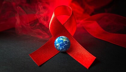 Red awareness ribbon with globe and smoky background, symbolizing global HIV/AIDS solidarity.