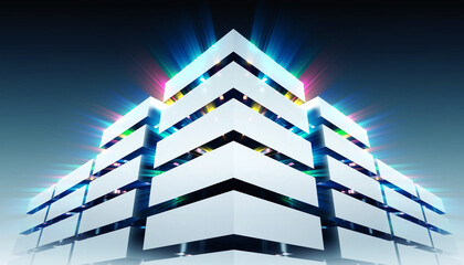 Abstract, futuristic building design with bright, colorful light emanating from the apex.