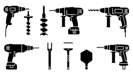 Title Power Drills and Bits Black Silhouette Icon Set EPS10 Stock.eps