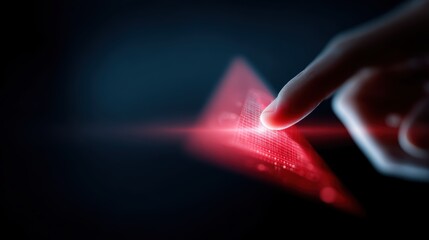 Finger touching glowing red warning triangle on tech interface, alerting to data error and cybersecurity risks, digital and modern illustration