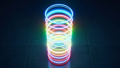 A stack of glowing neon rings in various colors, illuminated against a dark background.