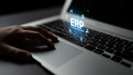 ERP platform visual showing centralized system for enterprise resource planning, improving integration, data flow, business efficiency, finance, inventory, and human resources. Spline