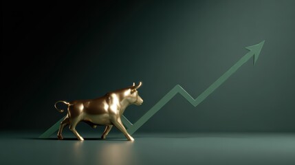 Golden bull statue with upward market charts, green arrow showing financial growth, elegant investment illustration
