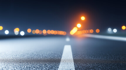 Night road with white center line and blurred city lights, low angle perspective for travel, speed, direction and freedom concept, minimal cinematic background with copy space.