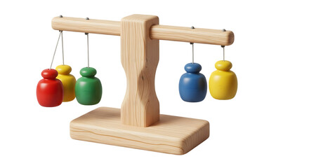 A colorful wooden balance scale toy with multiple weights hanging from it