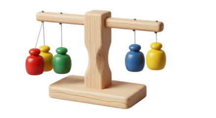 A colorful wooden balance scale toy with multiple weights hanging from it
