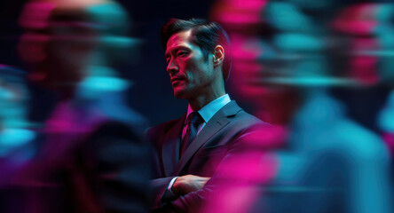 Fototapeta premium Calm Asian business executive centered amid fast-moving team with bold pink magenta and blue neon motion-blur against dark dramatic scene