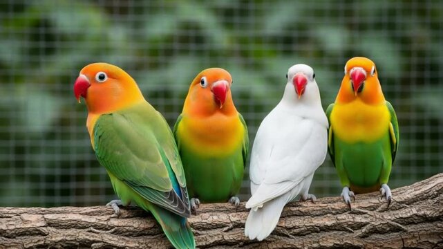 Four colorful lovebirds and one white parrot perched on a tree branch