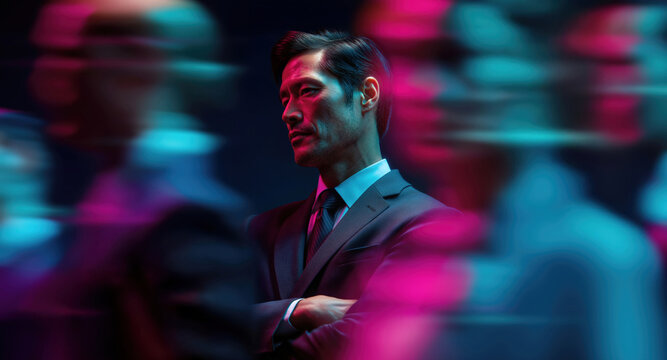 Calm Asian business executive centered amid fast-moving team with bold pink magenta and blue neon motion-blur against dark dramatic scene